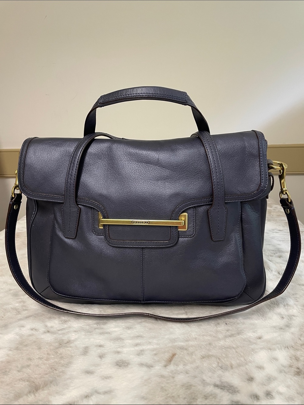 Coach Pearlized Navy Blue Leather Tote/Messenger with Gold Accent